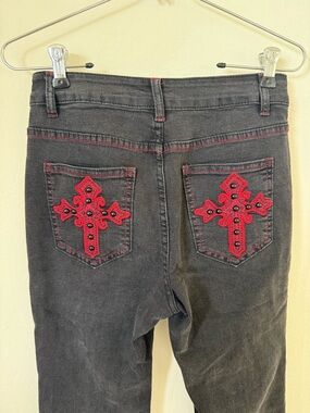 Women’s Black Goth Jeans with Red Cross Embroidery - XS